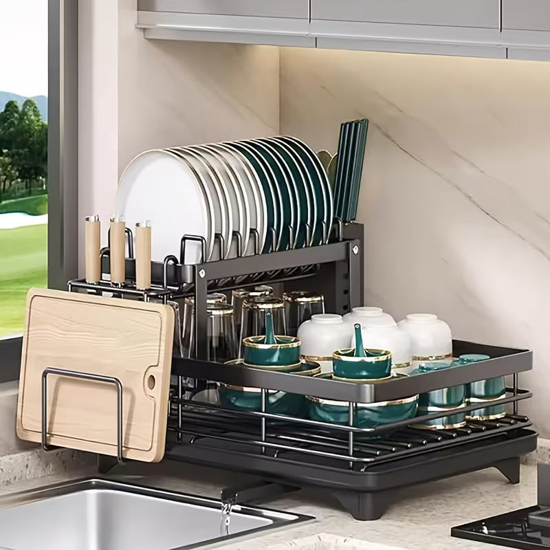 Double-layer Carbon Steel Large Dish Rack with Cutlery, Cup Holder And Drain Board, Space-saving And Durable And Rust-resistant, Suitable for Large Family Gatherings Such As Christmas, Halloween And Black Friday, The First Choice for Gifts
