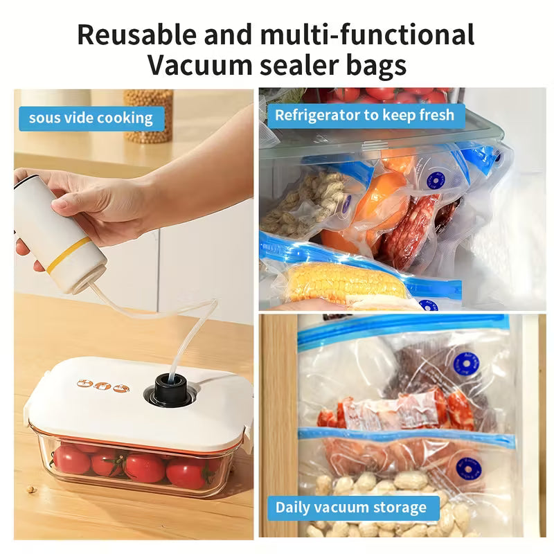 Food Vacuum Storage Bag and Handheld Electric Vacuum Machine Set, 3 Sizes Vacuum Sealed Zipper Bags with 1 Pack of Electric Pump, Large Medium Small Vacuum Zipper Bags for Refrigerator Storage, Food Freshness Preservation Bags