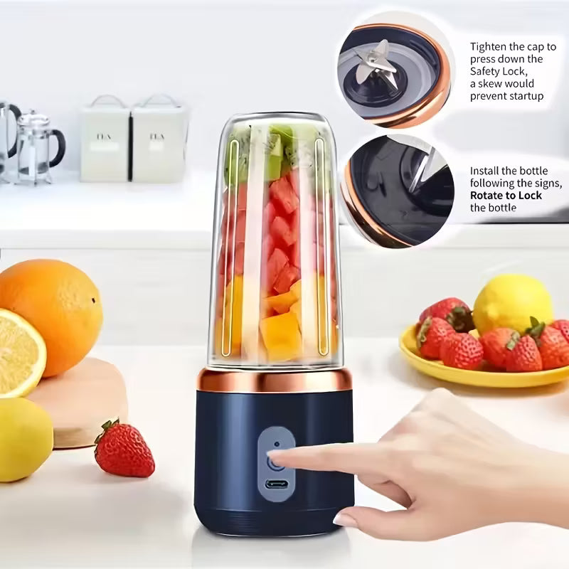 A High-Quality Juicing Cup with a Capacity of 400 Milliliters, Featuring a 2-In-1 Portable Lid And 6 Blades for Juicing, Perfect for Sports And Travel, And USB Rechargeable.