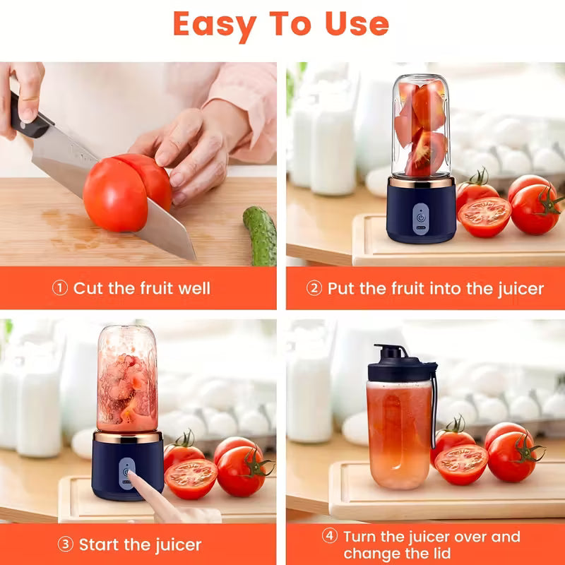 A High-Quality Juicing Cup with a Capacity of 400 Milliliters, Featuring a 2-In-1 Portable Lid And 6 Blades for Juicing, Perfect for Sports And Travel, And USB Rechargeable.