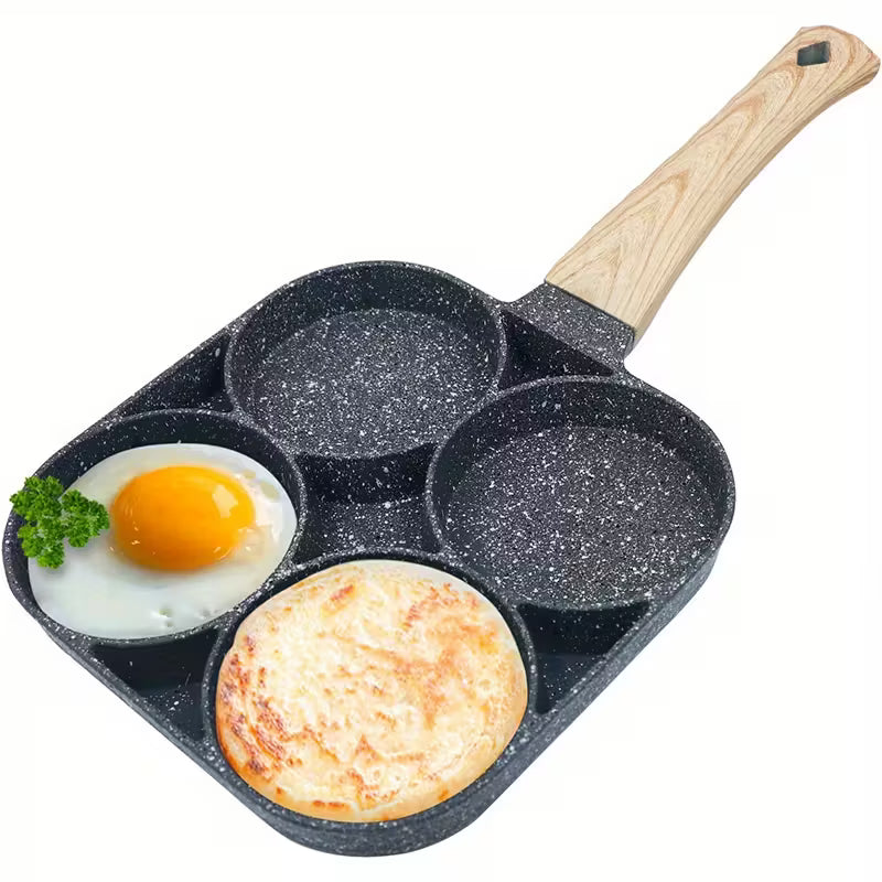 4-Hole Non-Stick Frying Pan with Wooden Handle | Maifanstone Coating, Perfect for Eggs, Pancakes, Induction Compatible, Dishwasher Safe, Iron Base, Water-Based Coating | Ideal for Holidays, Christmas, Halloween Gift