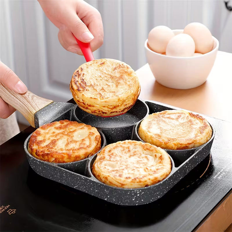 4-Hole Non-Stick Frying Pan with Wooden Handle | Maifanstone Coating, Perfect for Eggs, Pancakes, Induction Compatible, Dishwasher Safe, Iron Base, Water-Based Coating | Ideal for Holidays, Christmas, Halloween Gift