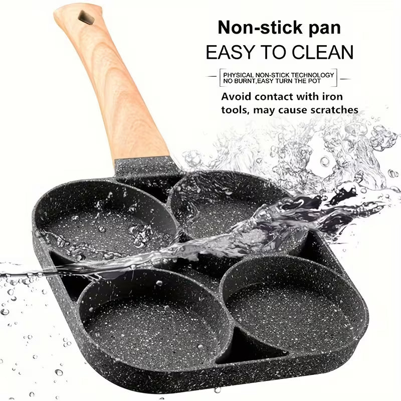 4-Hole Non-Stick Frying Pan with Wooden Handle | Maifanstone Coating, Perfect for Eggs, Pancakes, Induction Compatible, Dishwasher Safe, Iron Base, Water-Based Coating | Ideal for Holidays, Christmas, Halloween Gift