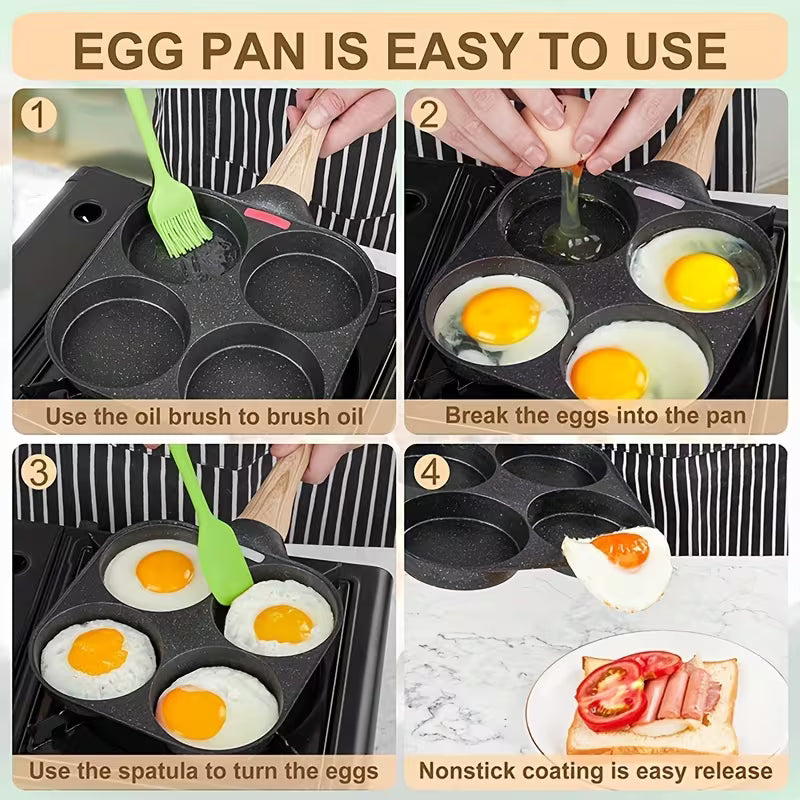 4-Hole Non-Stick Frying Pan with Wooden Handle | Maifanstone Coating, Perfect for Eggs, Pancakes, Induction Compatible, Dishwasher Safe, Iron Base, Water-Based Coating | Ideal for Holidays, Christmas, Halloween Gift