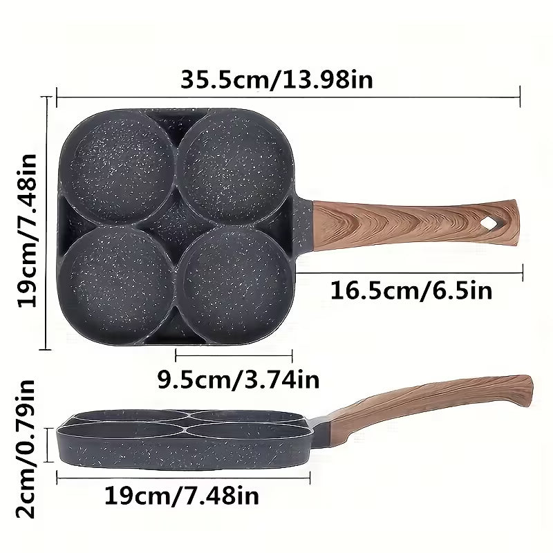 4-Hole Non-Stick Frying Pan with Wooden Handle | Maifanstone Coating, Perfect for Eggs, Pancakes, Induction Compatible, Dishwasher Safe, Iron Base, Water-Based Coating | Ideal for Holidays, Christmas, Halloween Gift