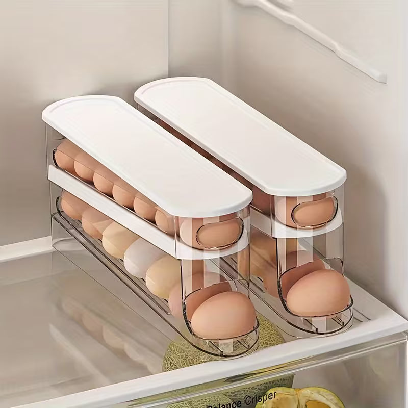 Automatic Egg Storage Box for 12-14 Eggs with a Double-Layer Sliding Design - a Fresh Egg Organizer with a Flip Cover, an Essential Kitchen Solution for Storing Eggs And a Space-Saving Egg Rack for The Refrigerator.