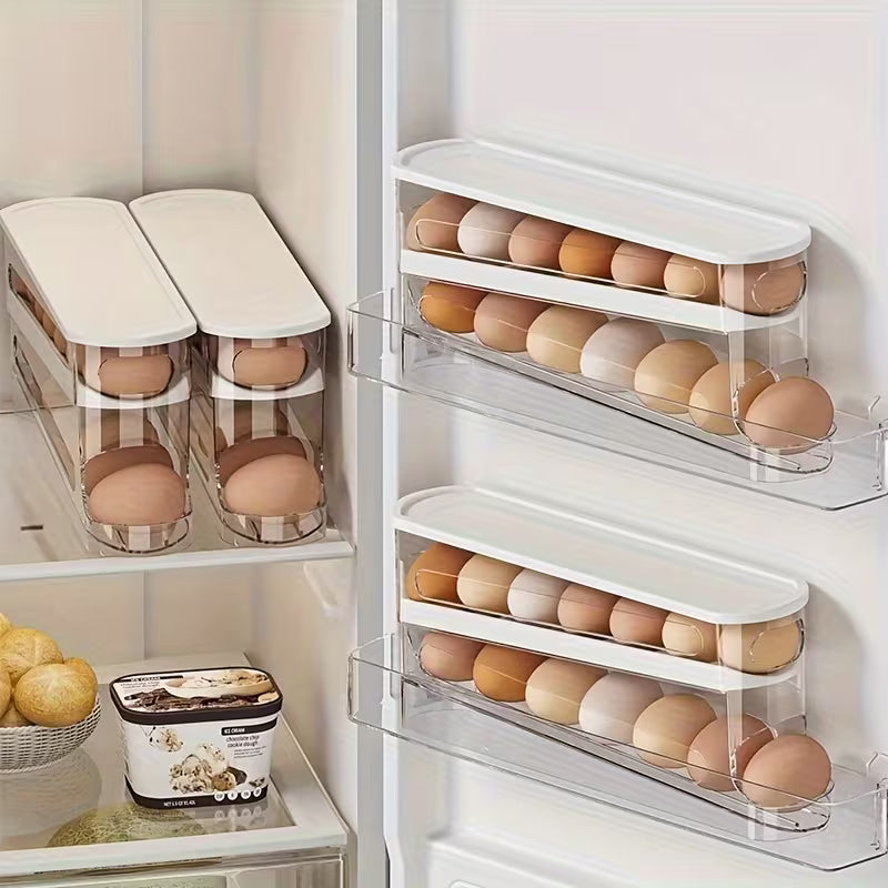 Automatic Egg Storage Box for 12-14 Eggs with a Double-Layer Sliding Design - a Fresh Egg Organizer with a Flip Cover, an Essential Kitchen Solution for Storing Eggs And a Space-Saving Egg Rack for The Refrigerator.