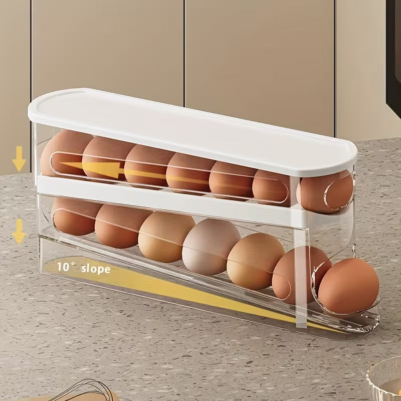 Automatic Egg Storage Box for 12-14 Eggs with a Double-Layer Sliding Design - a Fresh Egg Organizer with a Flip Cover, an Essential Kitchen Solution for Storing Eggs And a Space-Saving Egg Rack for The Refrigerator.