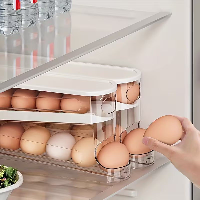 Automatic Egg Storage Box for 12-14 Eggs with a Double-Layer Sliding Design - a Fresh Egg Organizer with a Flip Cover, an Essential Kitchen Solution for Storing Eggs And a Space-Saving Egg Rack for The Refrigerator.