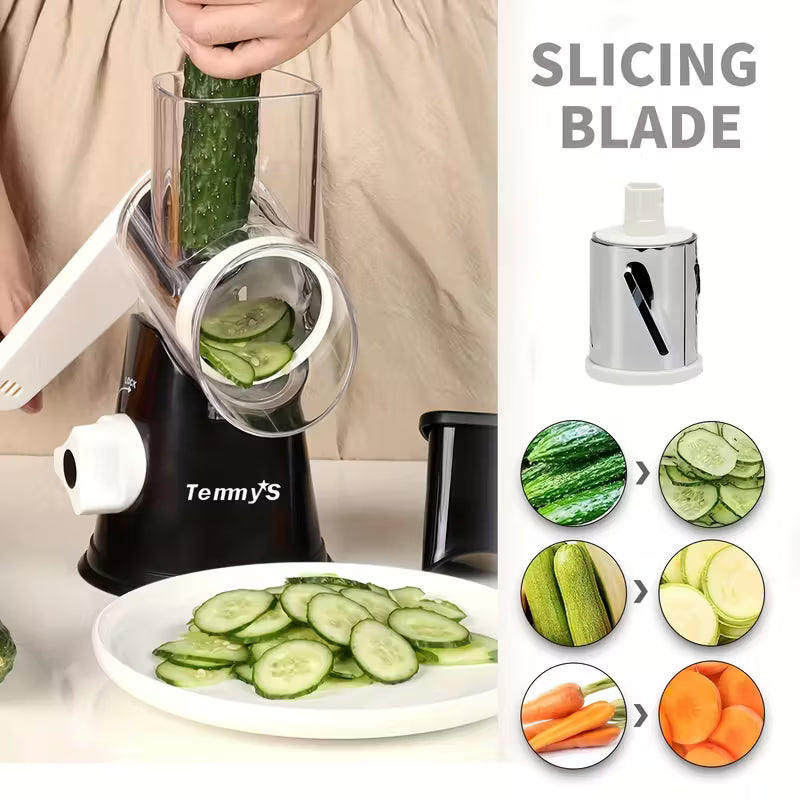 Rotary Cheese Grater and Vegetable Slicer - Kitchen Mandoline with 3 Interchangeable Blades, Easy-to-Clean for Fruits, Potatoes, Carrots, Nuts