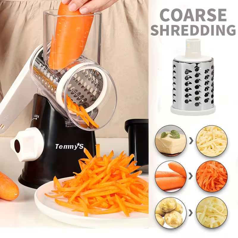 Rotary Cheese Grater and Vegetable Slicer - Kitchen Mandoline with 3 Interchangeable Blades, Easy-to-Clean for Fruits, Potatoes, Carrots, Nuts
