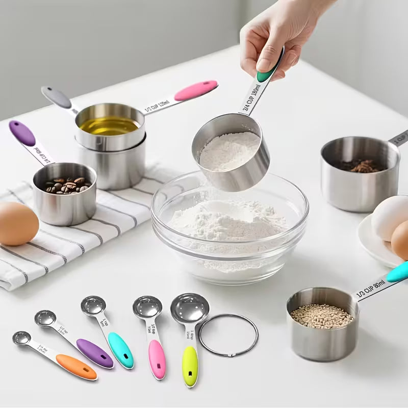 5pcs Measuring Spoon Set/10pcs Measuring Spoon Measuring Cup Set, Stainless Steel, with Silicone Handle, Precise Measuring Tool for Cooking | Essential for Christmas Baking, Kitchen Measuring Set, Cooking Tools, Sleek Kitchenware, Functional Design