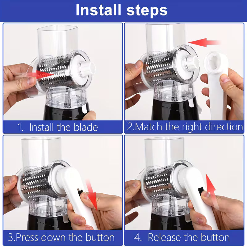 Rotary Cheese Grater and Vegetable Slicer - Kitchen Mandoline with 3 Interchangeable Blades, Easy-to-Clean for Fruits, Potatoes, Carrots, Nuts