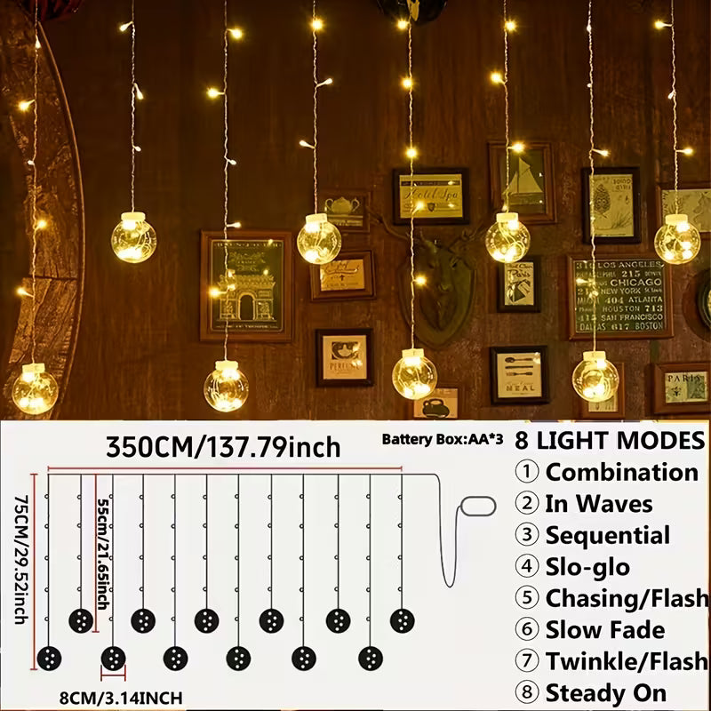 118.11-Inch Wish Ball String, New Model for 2025, Featuring 8 Lighting Modes, 108 Leds, 12 Wish Balls, Battery-Operated (No Plug), Wall-Mounted, Made of Plastic, Suitable for Christmas, Valentine'S Day, Family Gatherings, Bedrooms, Parties