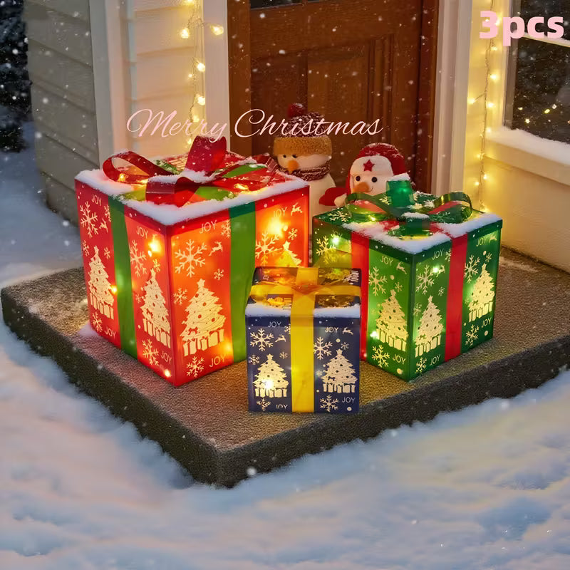 3pcs Lighted Christmas Gift Box Set with Warm LED Lights & Snowy Ribbon Bows - Battery-Powered Indoor/Outdoor Plastic Decorations with Stake Installation, Classic Winter Design for Xmas Tree, Yard, Home - Cordless Holiday Decor (Batteries Not Includ
