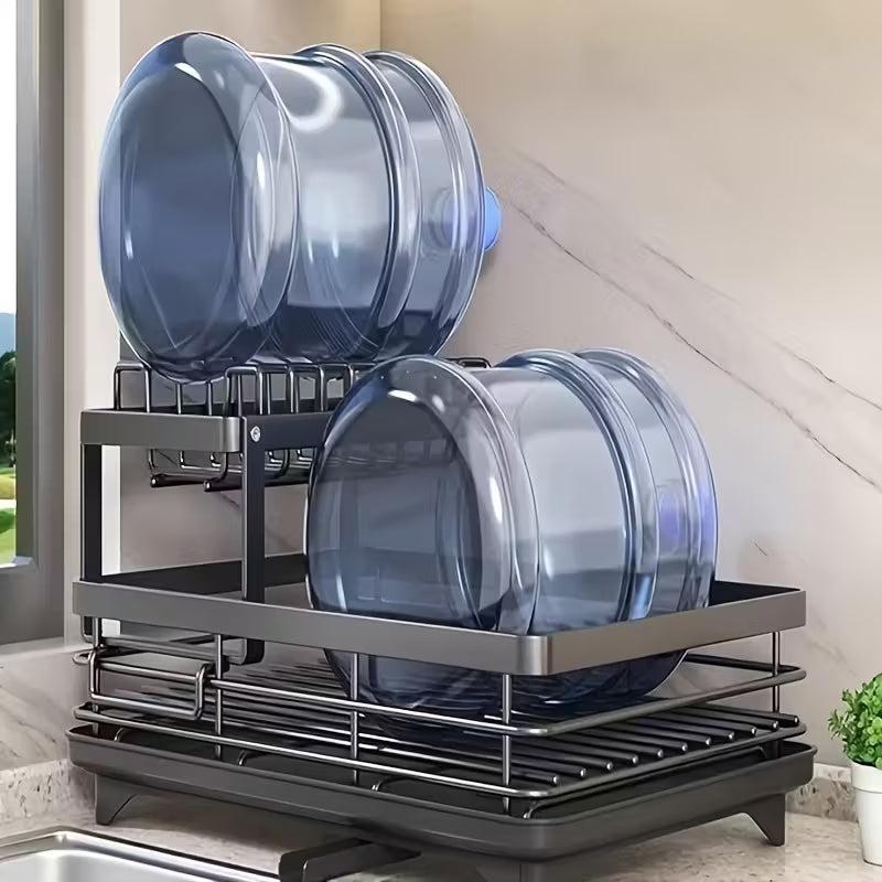 Double-layer Carbon Steel Large Dish Rack with Cutlery, Cup Holder And Drain Board, Space-saving And Durable And Rust-resistant, Suitable for Large Family Gatherings Such As Christmas, Halloween And Black Friday, The First Choice for Gifts