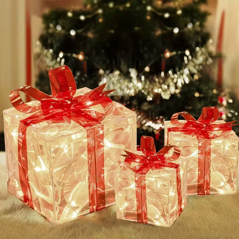 Set of 3 Christmas Lighted Gift Boxes, Transparent Warm White Lighted Christmas Box Decrations, Presents Boxs with Red Bows for Christams Tree, Yard, Home, Christams Decorations outdoor, Seasonal Ornaments, Holiday Decorations, Classic Christmas