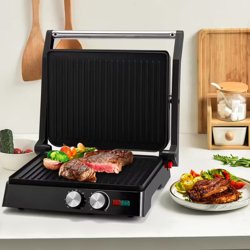 in-1 Electric Indoor Grill & Panini Press with Non-Stick Plates, 180° Opening Angle, Floating Hinge & Grease Tray - 304 Stainless Steel Sandwich Maker with Preheat Indicator Light, Compact Design for Burgers, Steaks, Chicken - All-in-One Appliance