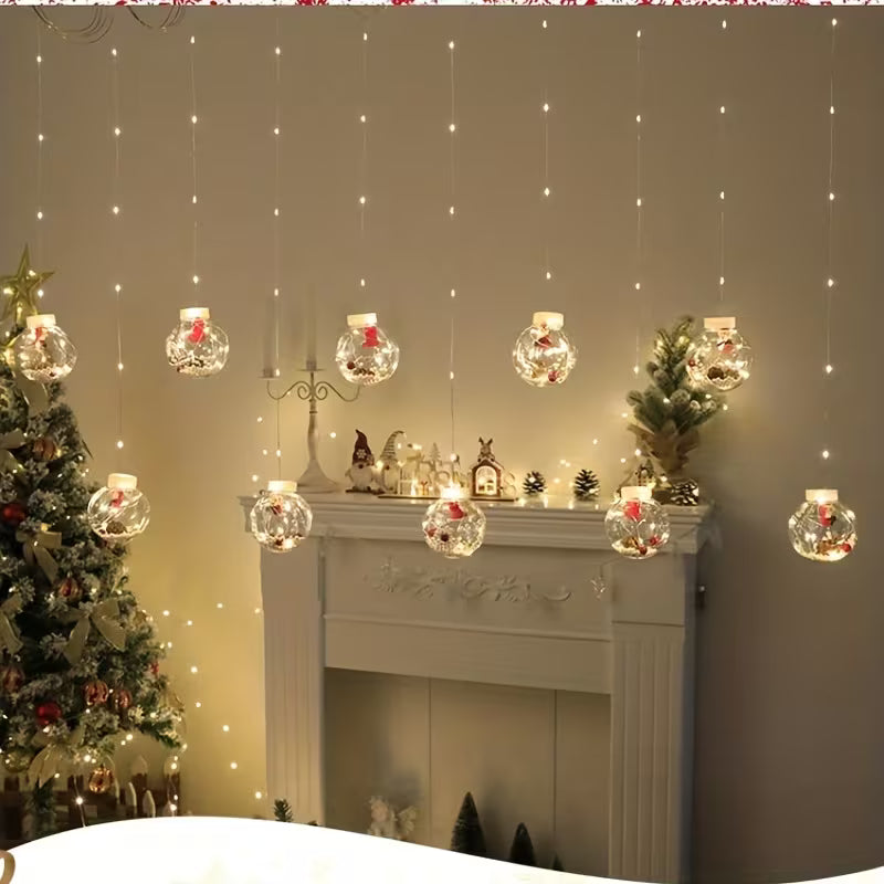 LED Christmas Curtain Lights with Wishing Ball & Snowman Tree Hanging Decorations - -Powered Indoor/Outdoor Holiday Lights with Push Button Control, Door, Or Tabletop Display - Durable Plastic & Copper Wire Design For Christmas, Halloween