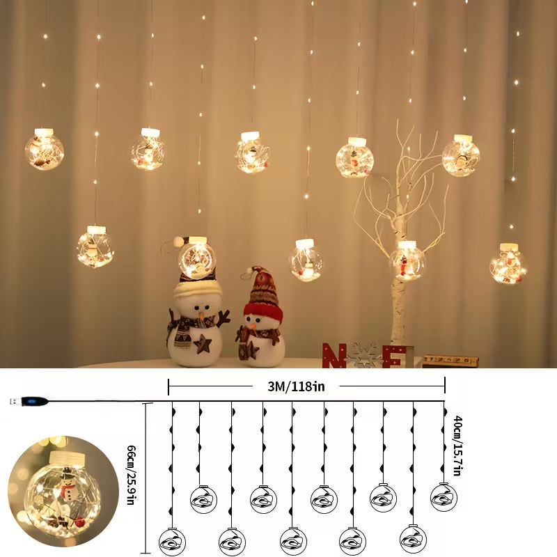 LED Christmas Curtain Lights with Wishing Ball & Snowman Tree Hanging Decorations - -Powered Indoor/Outdoor Holiday Lights with Push Button Control, Door, Or Tabletop Display - Durable Plastic & Copper Wire Design For Christmas, Halloween
