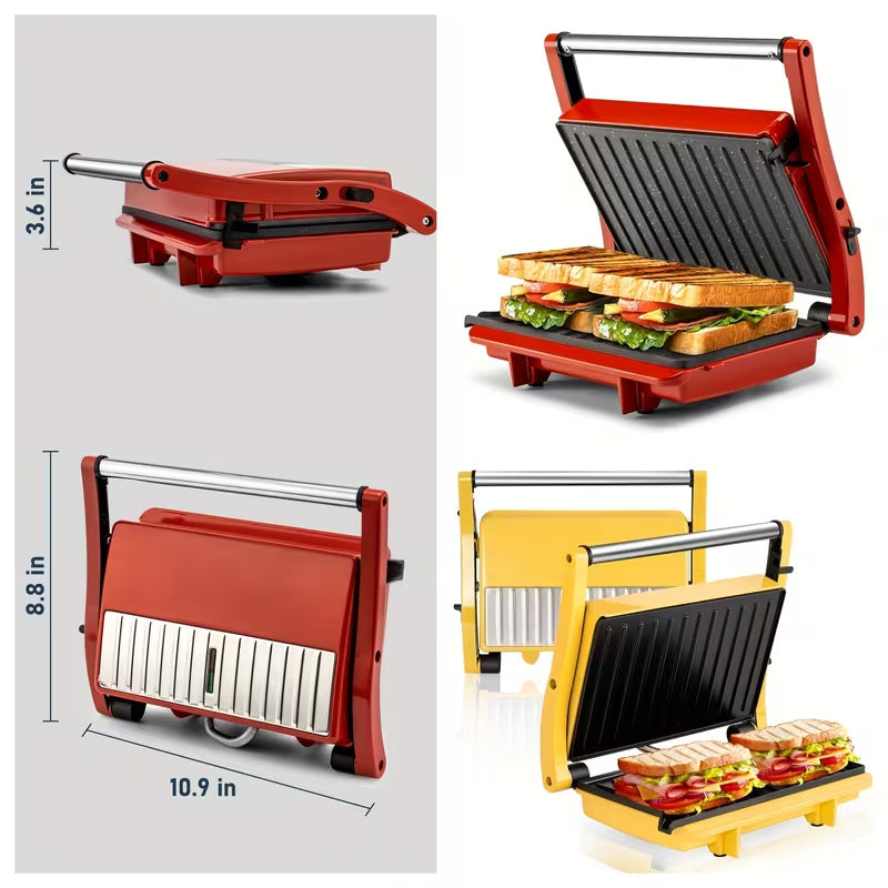 in-1 Electric Indoor Grill & Panini Press with Non-Stick Plates, 180° Opening Angle, Floating Hinge & Grease Tray - 304 Stainless Steel Sandwich Maker with Preheat Indicator Light, Compact Design for Burgers, Steaks, Chicken - All-in-One Appliance