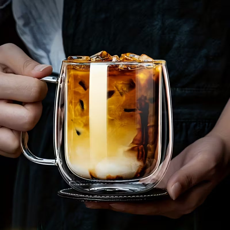 2/4pcs High Borosilicate Double-Layer Glass Mugs | Transparent Heat-Insulated Water Cup with Handles, Large Capacity, Perfect for Coffee, Tea, And Smoothies, Burn Prevention | Durable Glass, Transparent Design, Hand Wash Only