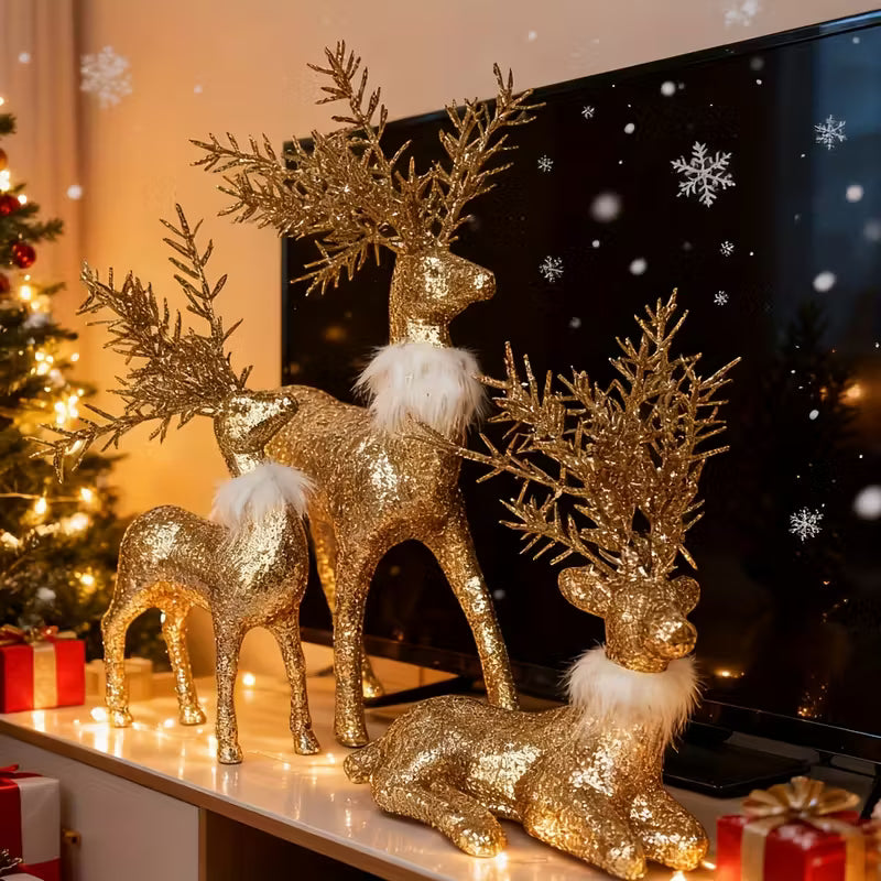 3pcs Golden Christmas Reindeer Statue Ornaments, Holiday Decor with Antler Shaped Branches for Tabletop Display - Perfect Gift Box Filler and Shelf or Mantelpiece Accent, Festive Decorations, Decorative Ornaments