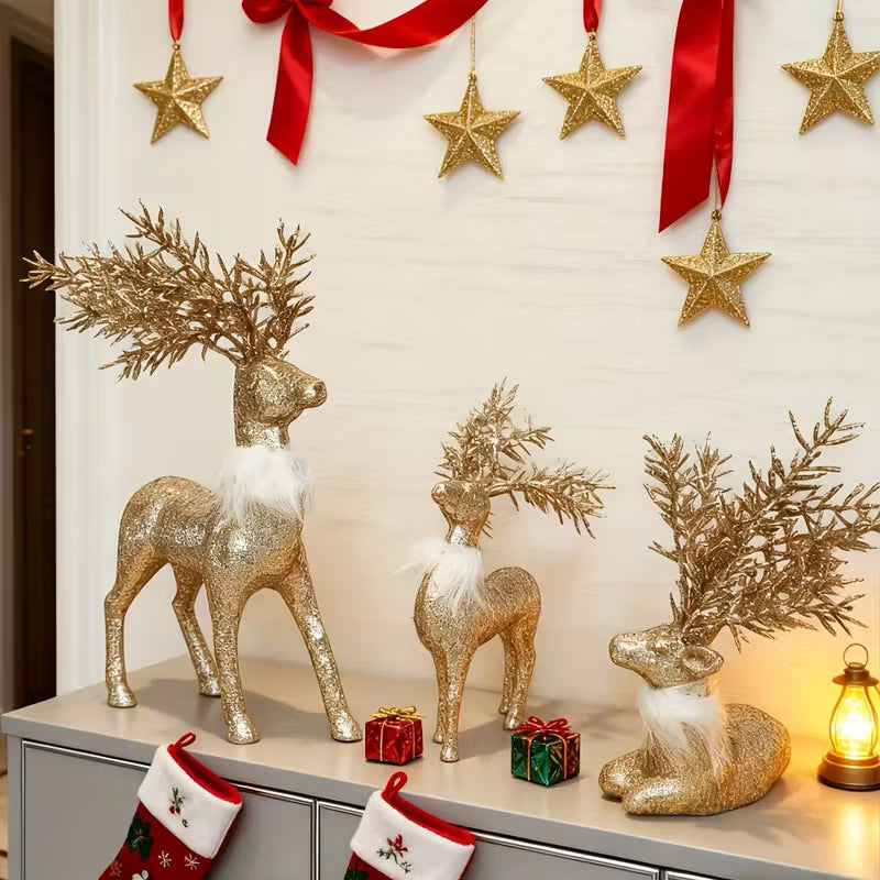 3pcs Golden Christmas Reindeer Statue Ornaments, Holiday Decor with Antler Shaped Branches for Tabletop Display - Perfect Gift Box Filler and Shelf or Mantelpiece Accent, Festive Decorations, Decorative Ornaments