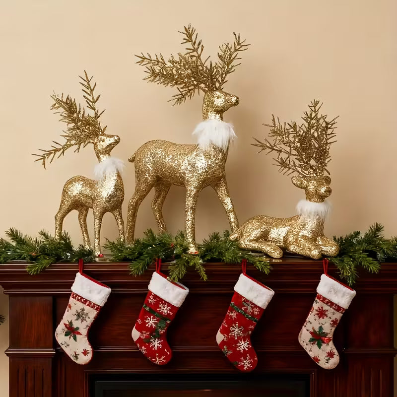 3pcs Golden Christmas Reindeer Statue Ornaments, Holiday Decor with Antler Shaped Branches for Tabletop Display - Perfect Gift Box Filler and Shelf or Mantelpiece Accent, Festive Decorations, Decorative Ornaments
