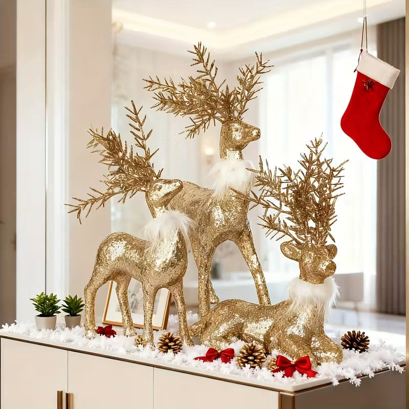 3pcs Golden Christmas Reindeer Statue Ornaments, Holiday Decor with Antler Shaped Branches for Tabletop Display - Perfect Gift Box Filler and Shelf or Mantelpiece Accent, Festive Decorations, Decorative Ornaments