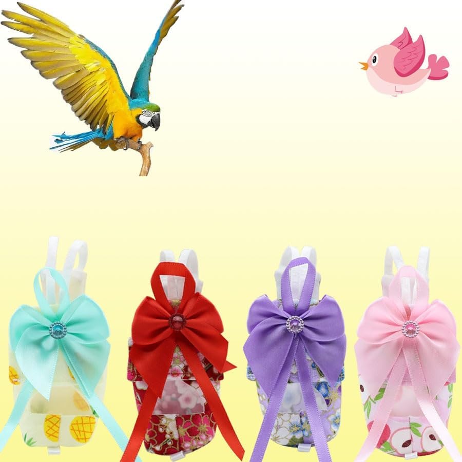 6pcs Bow Bird Diaper Set, Soft Reusable Flight Suit Clothing for Parrots Budgies Cockatiels — Cleaner Indoor Bonding & Training(XS)