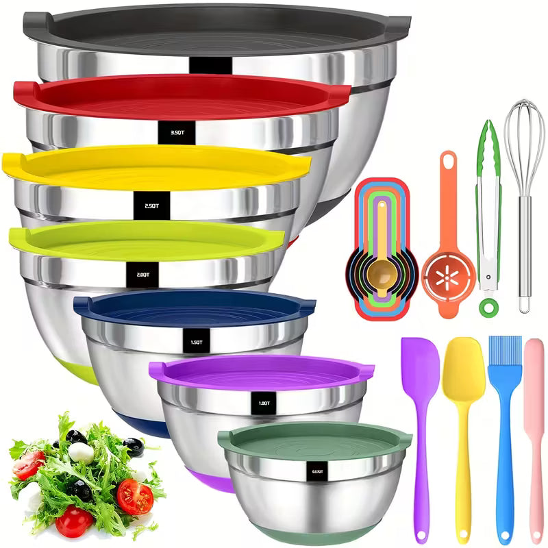 20pcs Mixing Bowls With Airtight Lids, Stainless Steel Metal Nesting Bowls, Non-Slip Colorful Silicone Bottom, Size 7, 3.5, 2.5, 2.0, 1.5, 1, 0.67QT, Great For Mixing, Baking, Serving