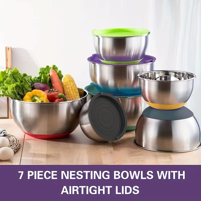 20pcs Mixing Bowls With Airtight Lids, Stainless Steel Metal Nesting Bowls, Non-Slip Colorful Silicone Bottom, Size 7, 3.5, 2.5, 2.0, 1.5, 1, 0.67QT, Great For Mixing, Baking, Serving