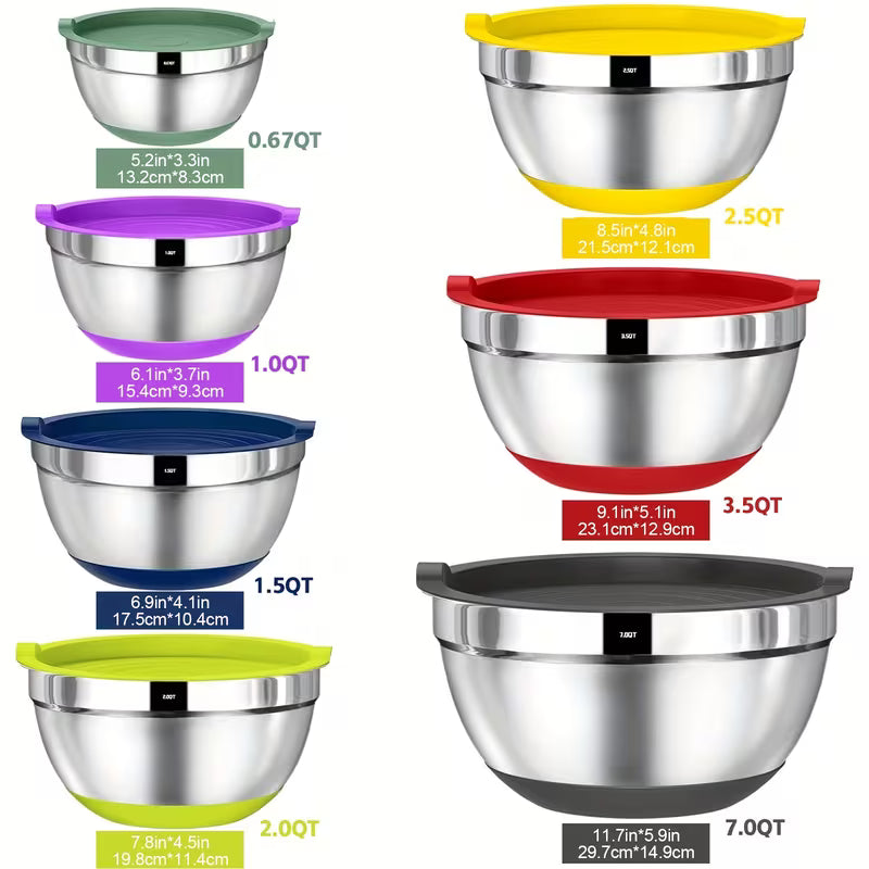 20pcs Mixing Bowls With Airtight Lids, Stainless Steel Metal Nesting Bowls, Non-Slip Colorful Silicone Bottom, Size 7, 3.5, 2.5, 2.0, 1.5, 1, 0.67QT, Great For Mixing, Baking, Serving
