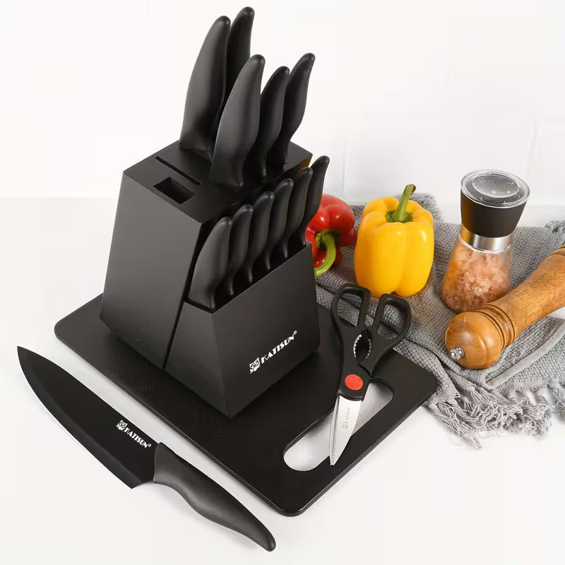 15pcs Professional Black-Coded Kitchen Knife Set With Black Wooden Block, Non-Slip ABS Handle Chef'S Knife, Plastic Cutting Board, And Kitchen Shears. Ideal For Home And Restaurant Use. The Perfect Gift For Thanksgiving, Christmas, And New Year.