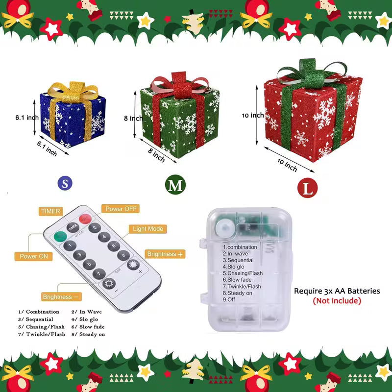 3pcs Lighted Christmas Gift Box Set with Warm LED Lights & Snowy Ribbon Bows - Battery-Powered Indoor/Outdoor Plastic Decorations with Stake Installation, Classic Winter Design for Xmas Tree, Yard, Home - Cordless Holiday Decor (Batteries Not Includ