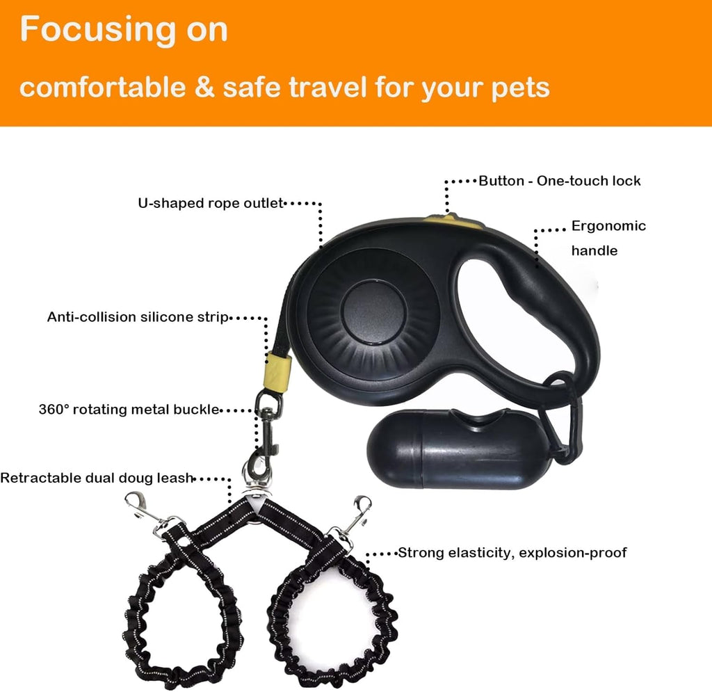 Double Dog Leash for Walking 2 Small Dogs (Up to 33 Lbs Each), Dual Retractable 9.8ft Extendable Strong Nylon Tape Pet Leash with Poop Bags, One-Handed Brake, Pause, Lock (Black)