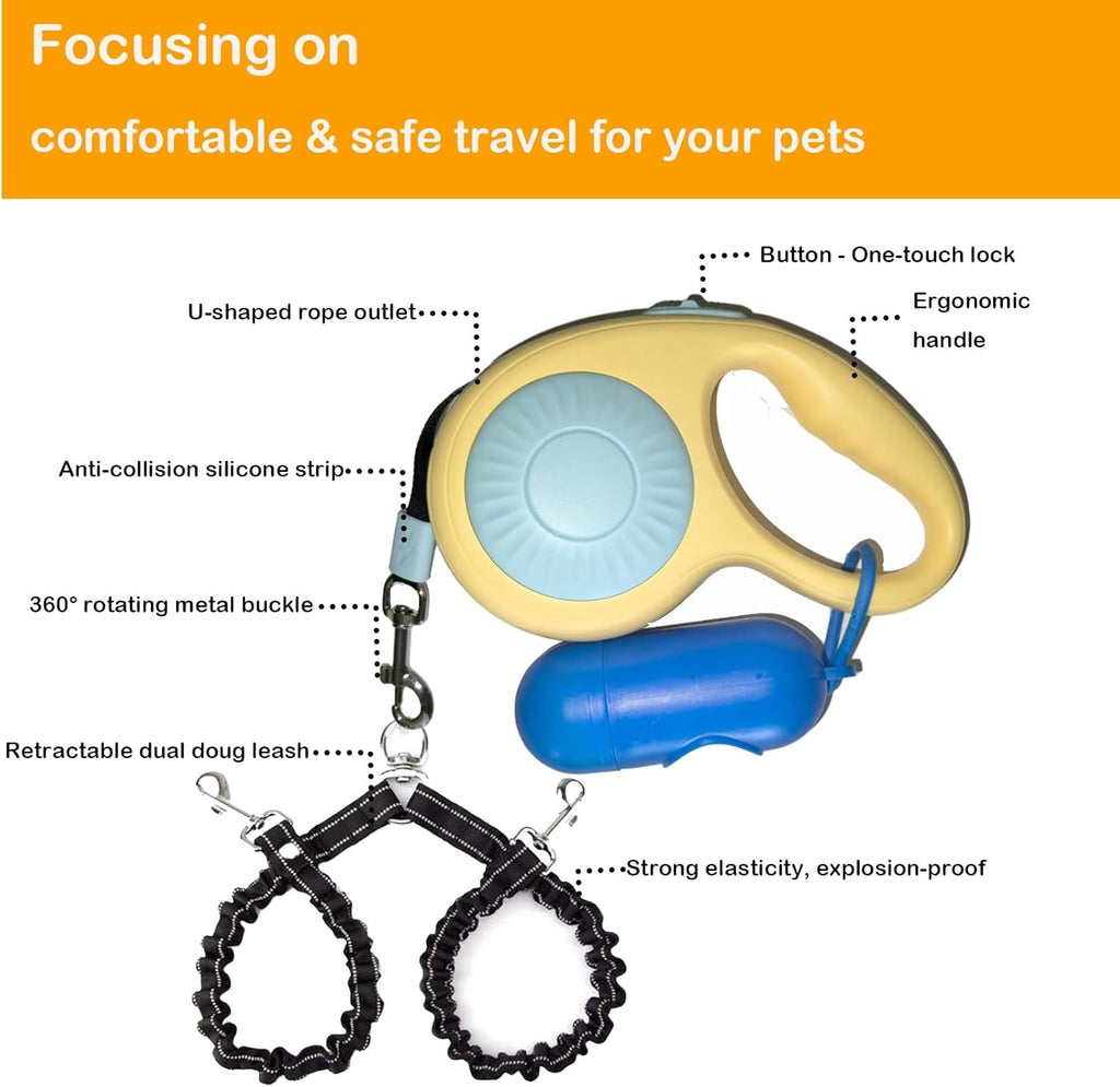 Double Dog Leash for Walking 2 Small Dogs (Up to 33 Lbs Each), Dual Retractable 9.8ft Extendable Strong Nylon Tape Pet Leash with Poop Bags, One-Handed Brake, Pause, Lock (Black)