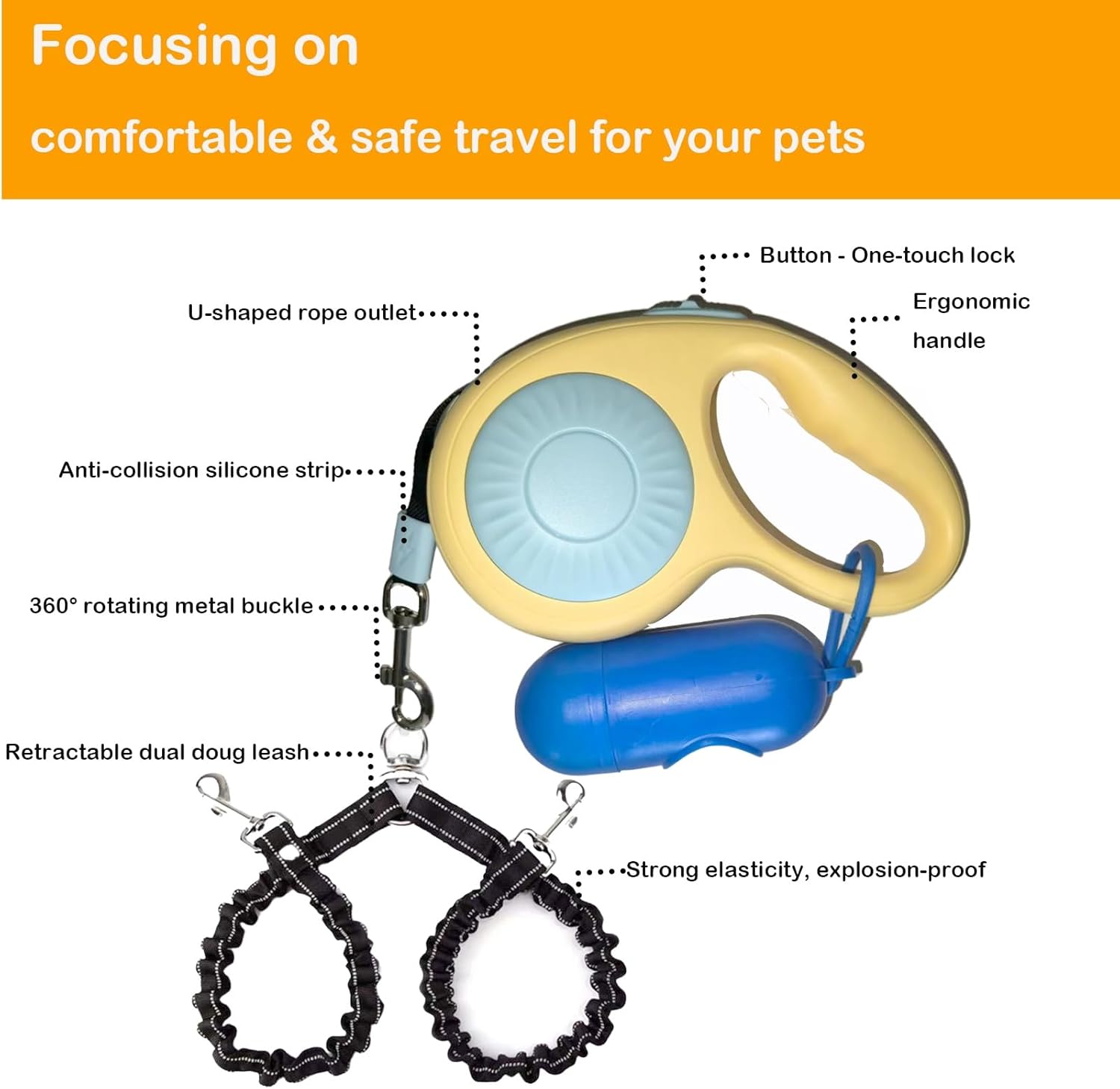 Double Dog Leash for Walking 2 Small Dogs (Up to 33 Lbs Each), Dual Retractable 9.8ft Extendable Strong Nylon Tape Pet Leash with Poop Bags, One-Handed Brake, Pause, Lock (Black)