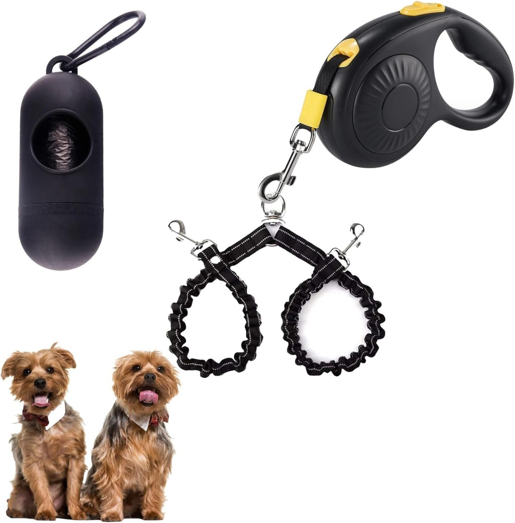 Double Dog Leash for Walking 2 Small Dogs (Up to 33 Lbs Each), Dual Retractable 9.8ft Extendable Strong Nylon Tape Pet Leash with Poop Bags, One-Handed Brake, Pause, Lock (Black)