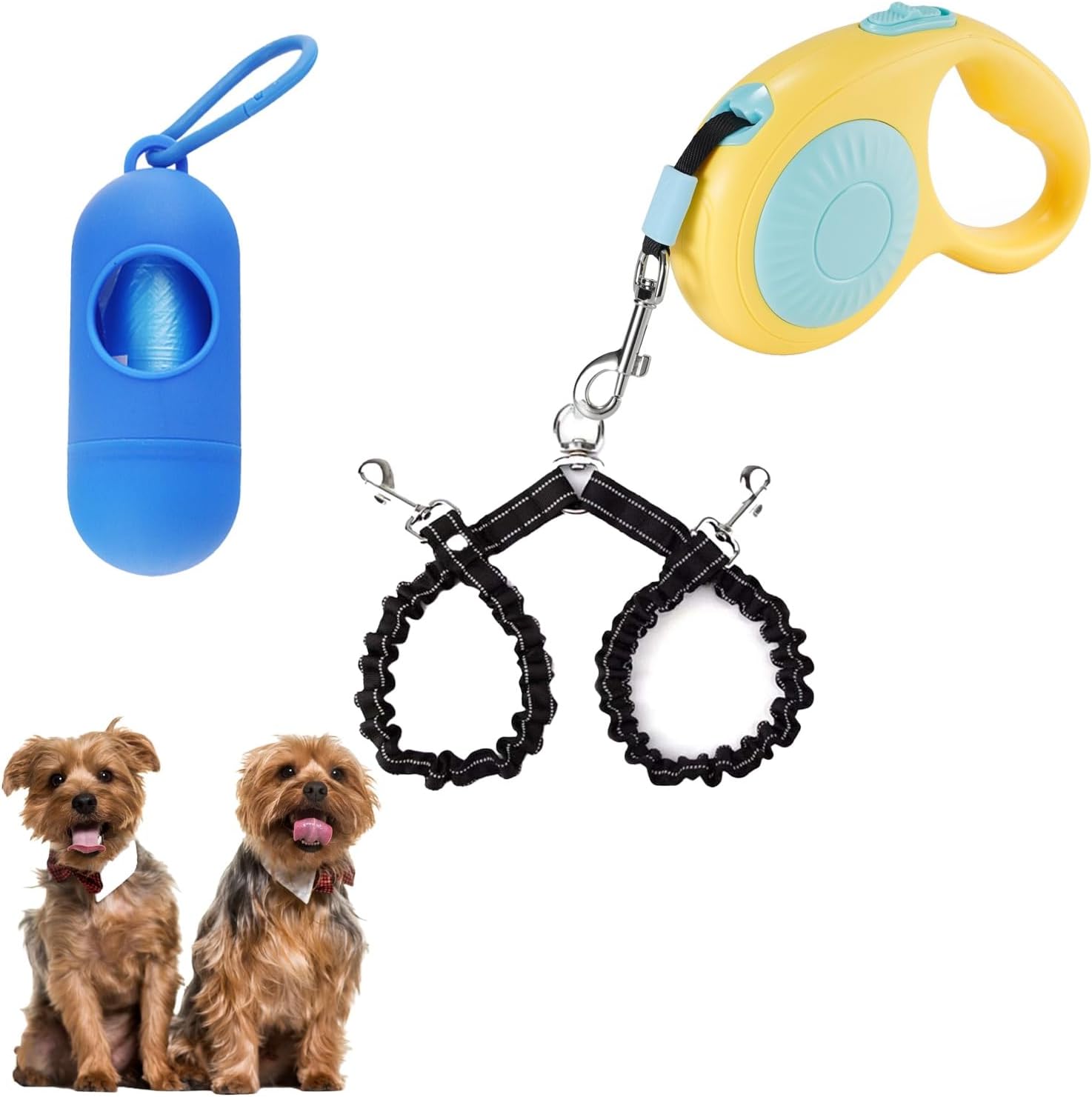 Double Dog Leash for Walking 2 Small Dogs (Up to 33 Lbs Each), Dual Retractable 9.8ft Extendable Strong Nylon Tape Pet Leash with Poop Bags, One-Handed Brake, Pause, Lock (Black)