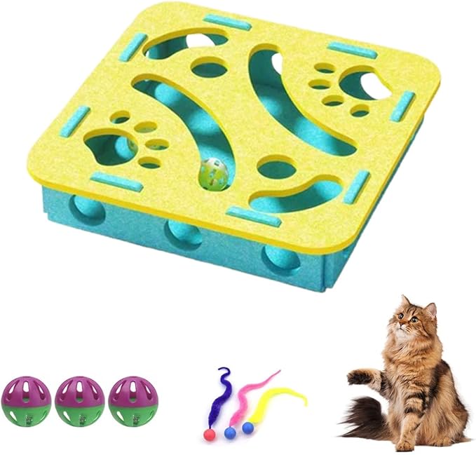 Cat Scratch Puzzle Enrichment Box, Puzzle Felt Maze Box Cat Toys for Indoor Cats Self Play, Interactive Nail File Scratch with 3 Bell Balls, Stimulate Kittern Energy and Instincts (Yellow, Square)