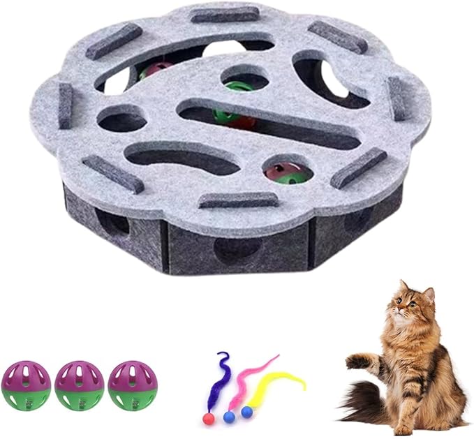 Cat Scratch Puzzle Enrichment Box, Puzzle Felt Maze Box Cat Toys for Indoor Cats Self Play, Interactive Nail File Scratch with 3 Bell Balls, Stimulate Kittern Energy and Instincts (Gray, Round)
