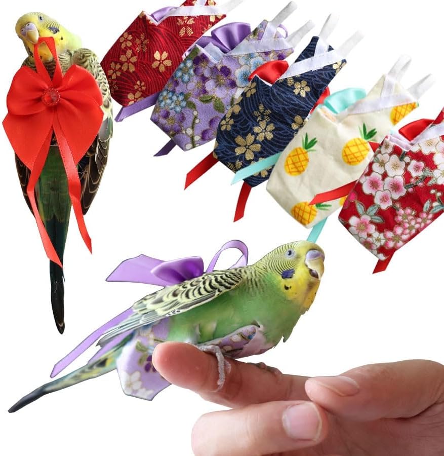 6pcs Bow Bird Diaper Set, Soft Reusable Flight Suit Clothing for Parrots Budgies Cockatiels — Cleaner Indoor Bonding & Training(XS)