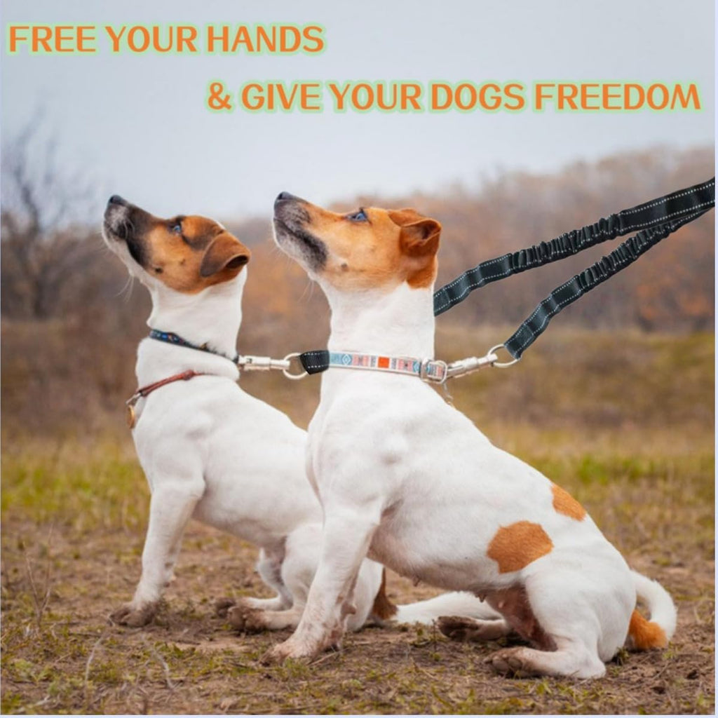 Double Dog Leash for Walking 2 Small Dogs (Up to 33 Lbs Each), Dual Retractable 9.8ft Extendable Strong Nylon Tape Pet Leash with Poop Bags, One-Handed Brake, Pause, Lock (Black)