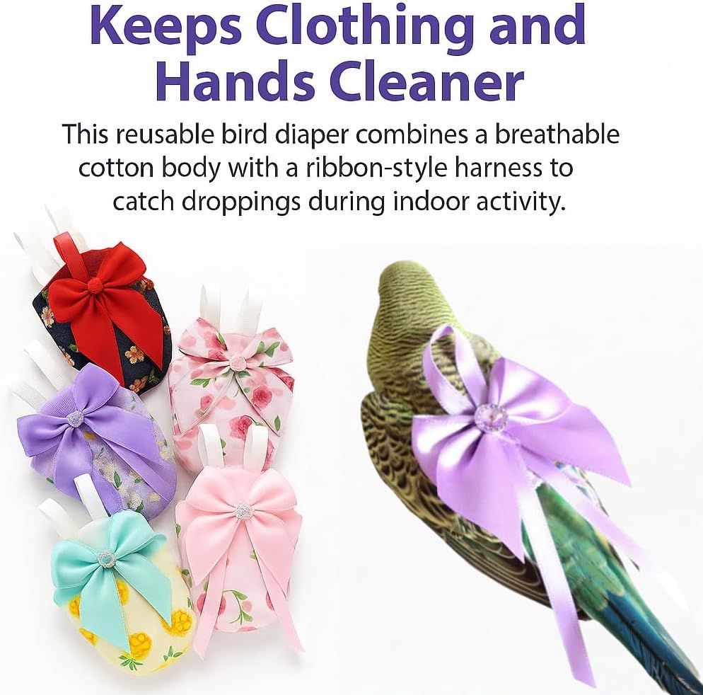 6pcs Bow Bird Diaper Set, Soft Reusable Flight Suit Clothing for Parrots Budgies Cockatiels — Cleaner Indoor Bonding & Training(XS)