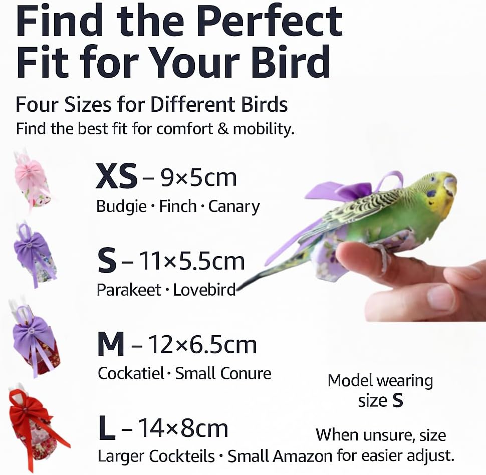 6pcs Bow Bird Diaper Set, Soft Reusable Flight Suit Clothing for Parrots Budgies Cockatiels — Cleaner Indoor Bonding & Training(XS)