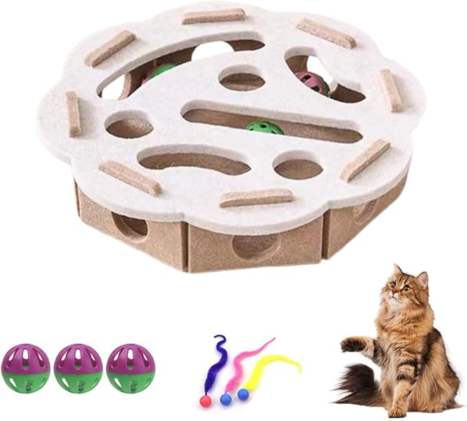 Cat Scratch Puzzle Enrichment Box, Puzzle Felt Maze Box Cat Toys for Indoor Cats Self Play, Interactive Nail File Scratch with 3 Bell Balls, Stimulate Kittern Energy and Instincts (White, Round)