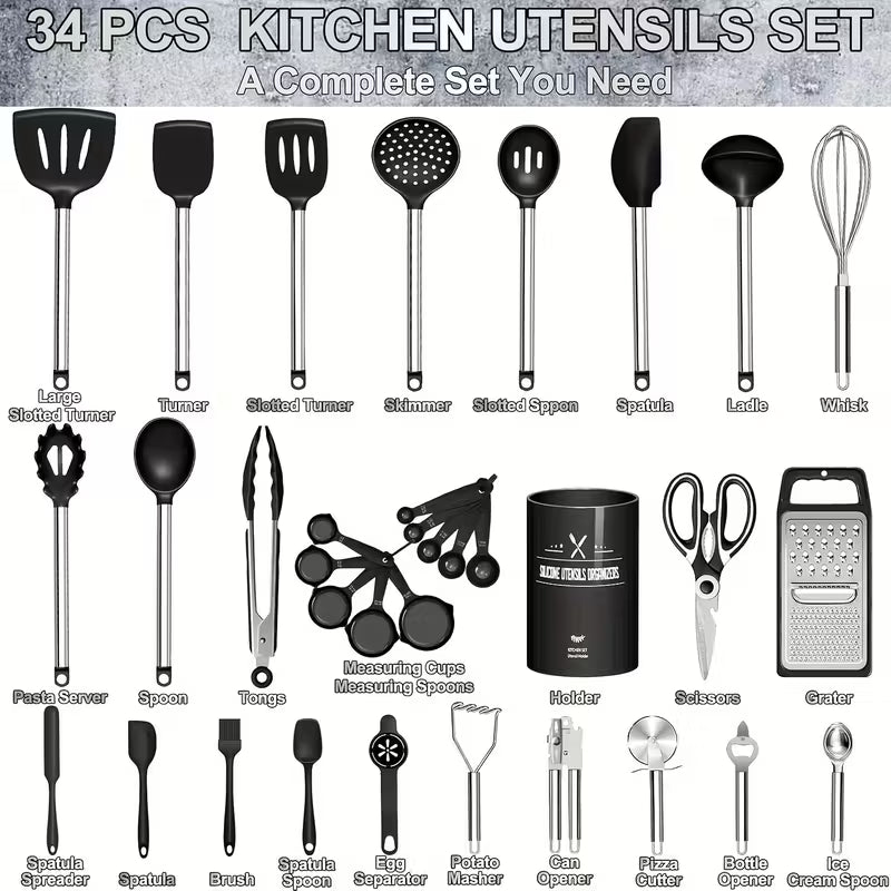 Kitchen Utensils Set-34pcs Silicone Cooking Utensils Set for Nonstick Cookware-Silicone Spatulas Set, Stainless Steel Handle-Black Kitchen Gadgets Tools, Pots And Pans Accessories, SKROAM father gift