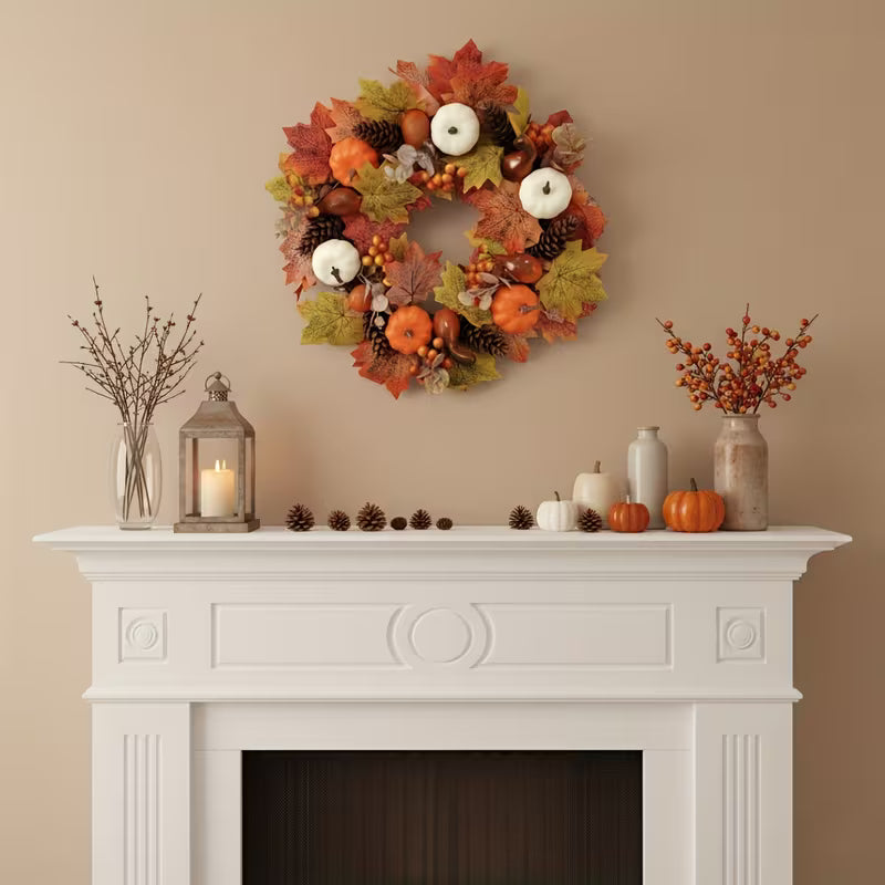 Handcrafted Christmas Wreath - Elegant Fall & Winter Door Hanging Decor with Golden Accents, Durable Plastic Faux Foliage Garland for Fireplace, Wall, Dining Table - No Needed, Easy to Hang, Perfect for Halloween